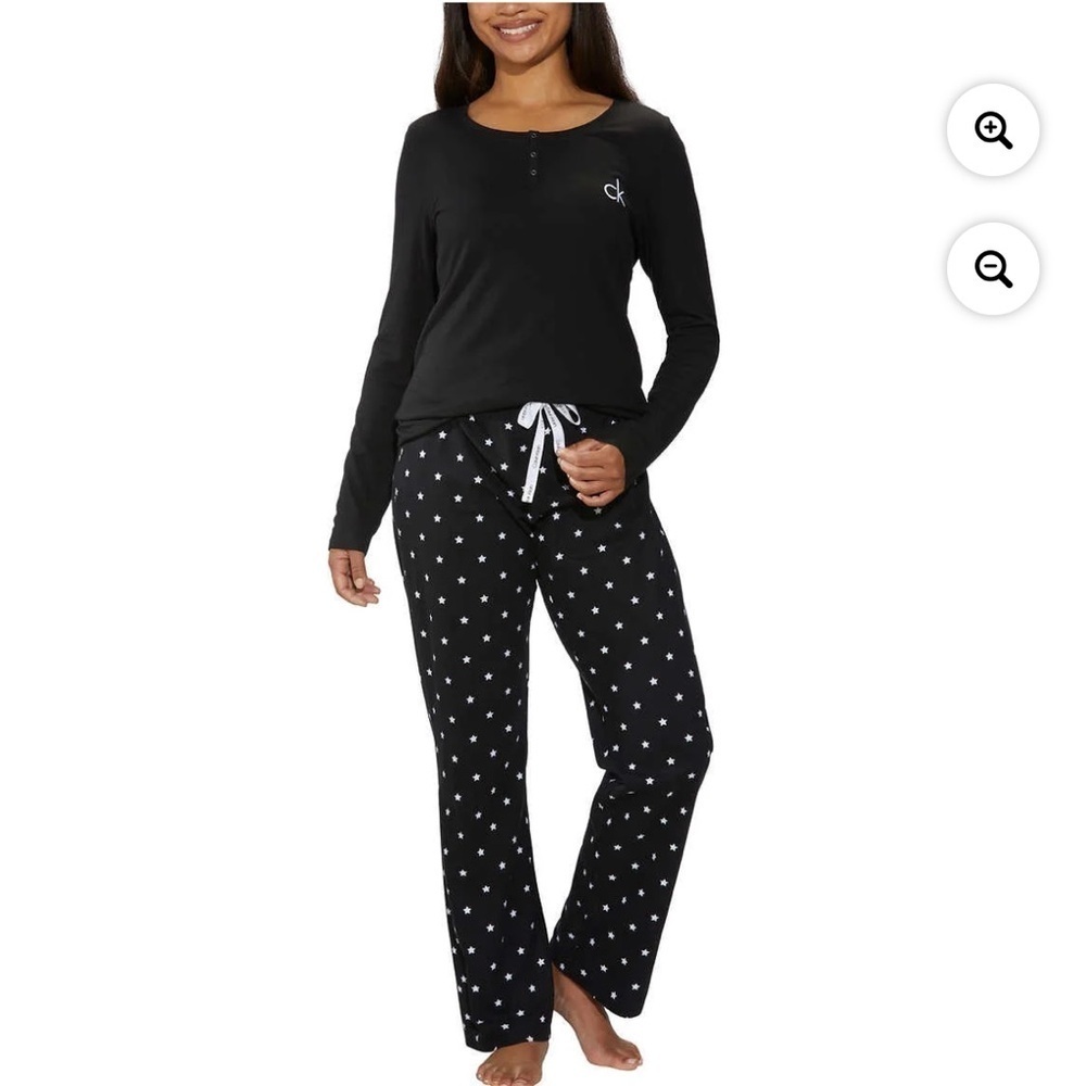 Calvin Klein Women's Long Sleeve 2 PIECE Pajama Set Black Star Print New